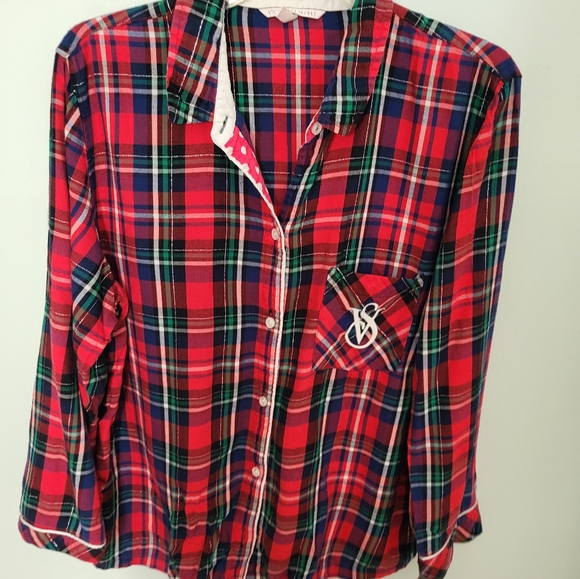 Victoria's Secret 2 Piece Pajama Set Red Plaid Button Down Lightweight Medium - Picture 2 of 10